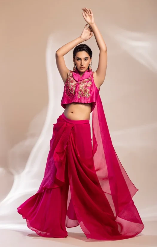 Dupion silk  crop jacket worn with drape sharara